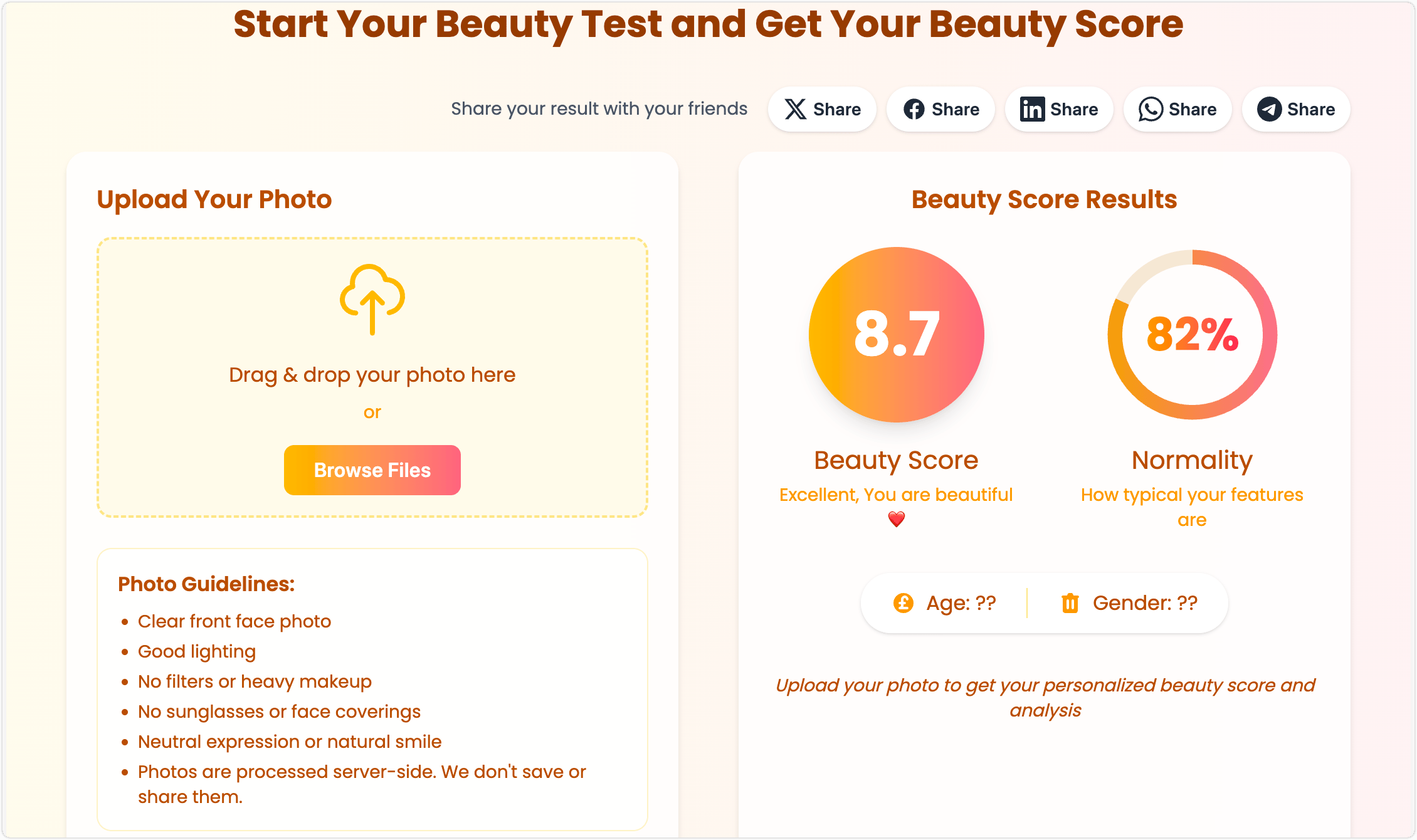 aibeautytest AI美容测试:免费AI颜值打分神器,让AI给你的颜值打个分数,并给出美容建议