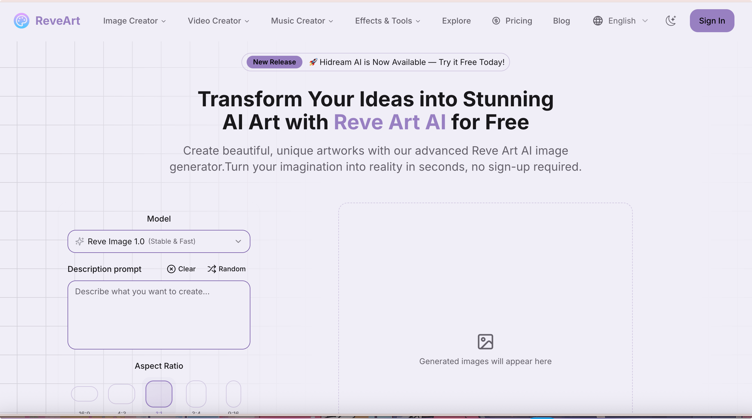 ReveArt:免费在线AI图像生成器,文本转图像