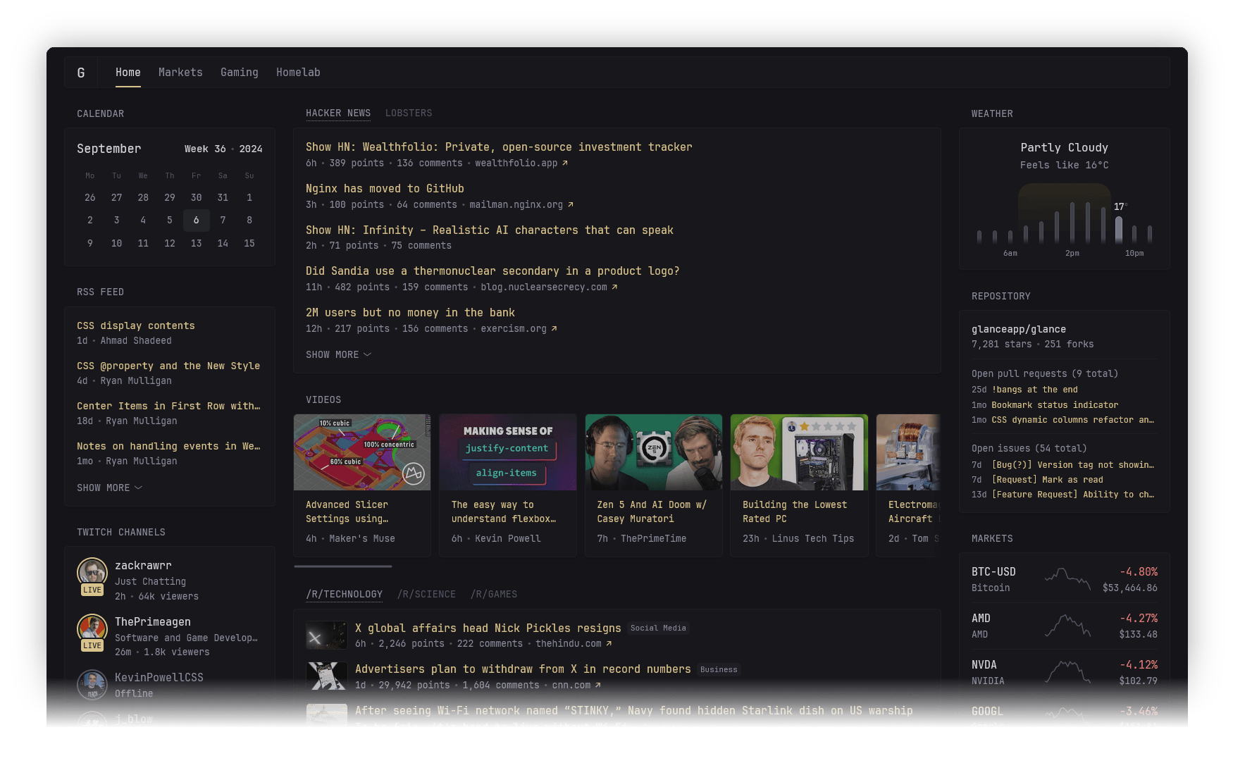 Glance:高度可定制的自托管仪表板,将各种信息源整合到一个界面中