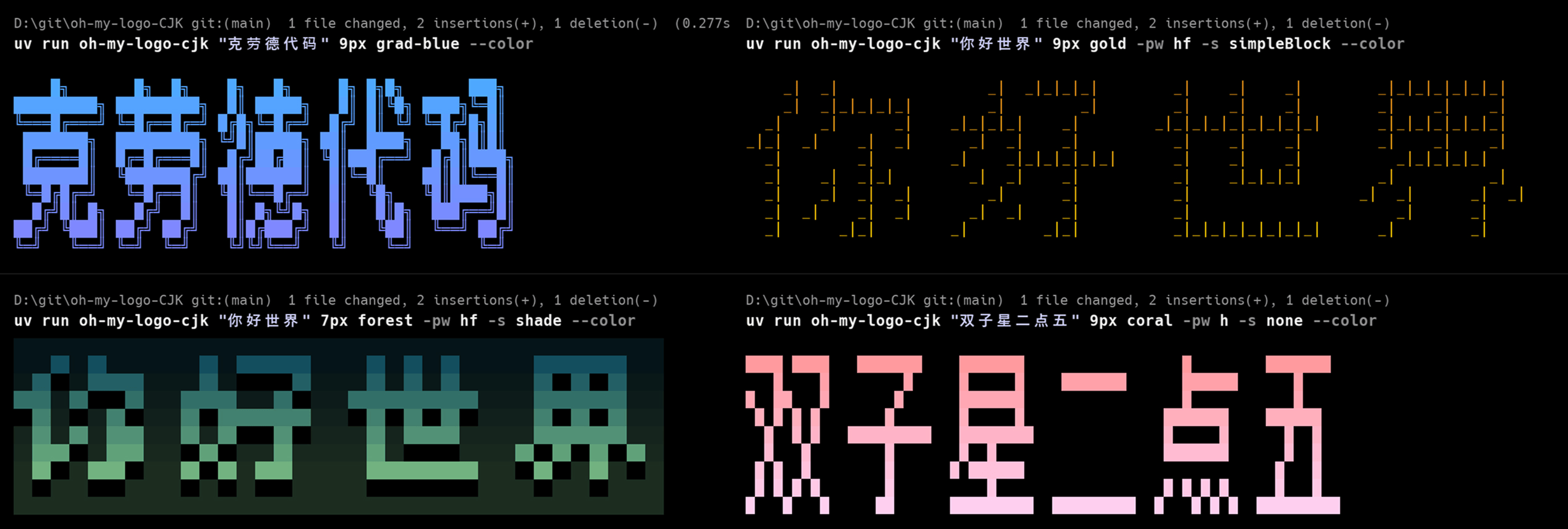 oh-my-logo-cjk:将输入的中、日、韩文本渲染为 CLI 中的像素风 ASCII 图,支持多种渐变色板