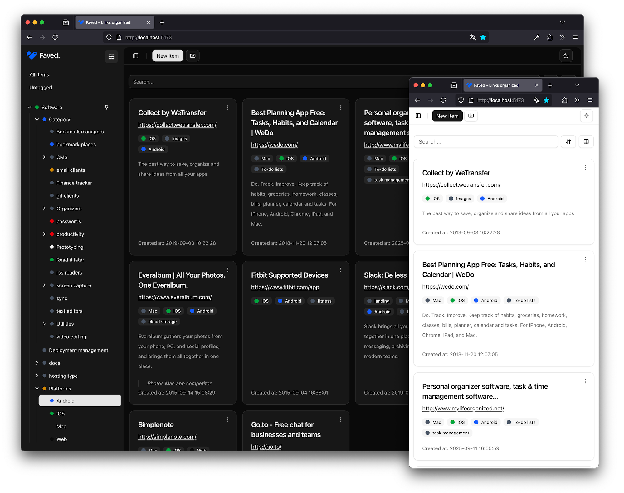 Faved - 免费开源的书签管理工具,通过浏览器书签小工具(bookmarklet)实现网页快速收藏,支持Docker部署,所有数据均本地存储